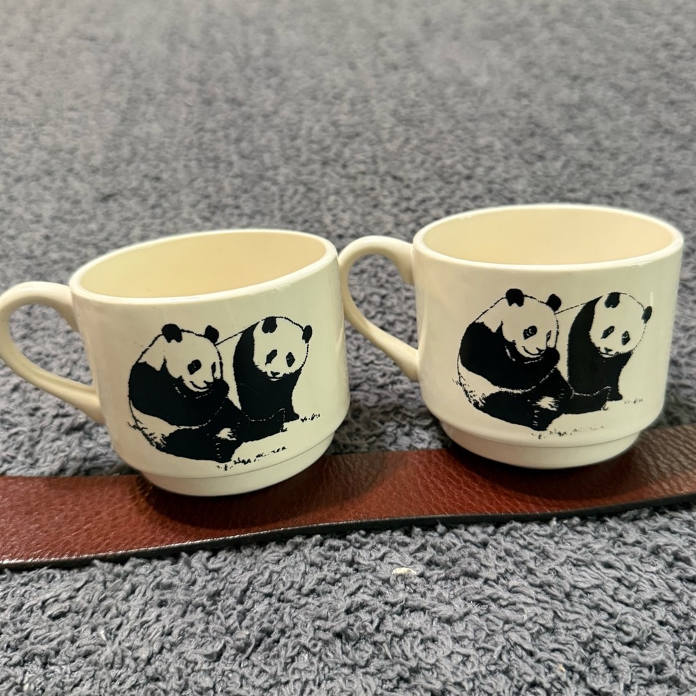 🔥 Vintage 1970s Panda Mugs Pair USA Made Black & White Minimalist Set 70s VTG